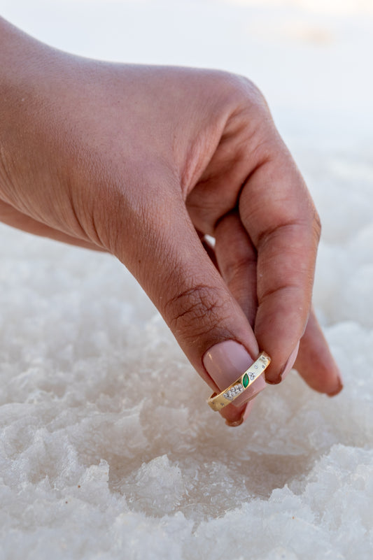 Gravity Ring in Diamonds & Green Emerald