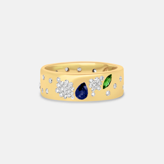 Cosmos Ring in Natural Diamonds, Blue Sapphires and Green Emeralds 