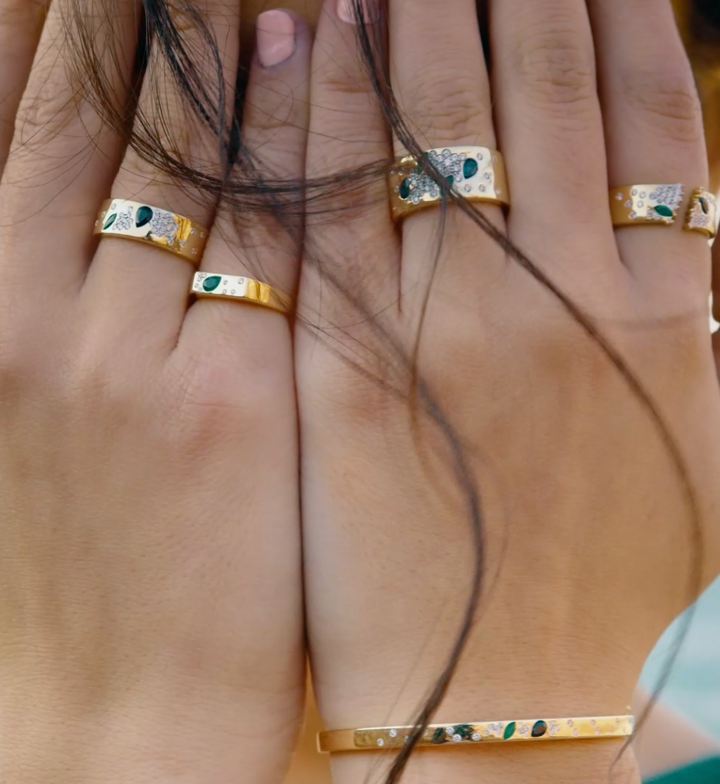 Cosmos Ring in Diamonds, Emeralds & Blue Sapphires