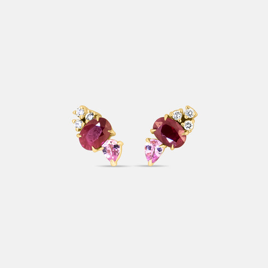 Crimson Bloom stud Earring in Diamonds, Ruby & Pink Sapphires