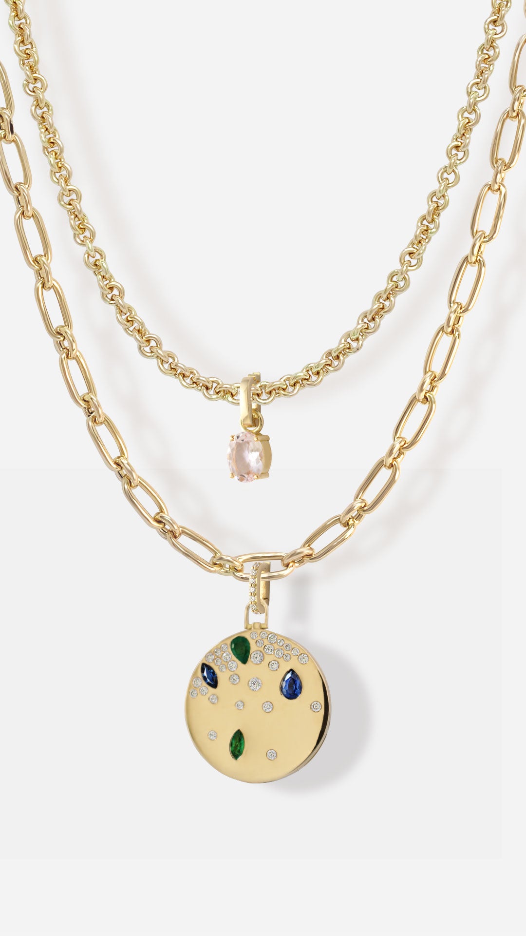 Maru Stacking Necklaces, 18k gold pink morganite sapphires and emeralds